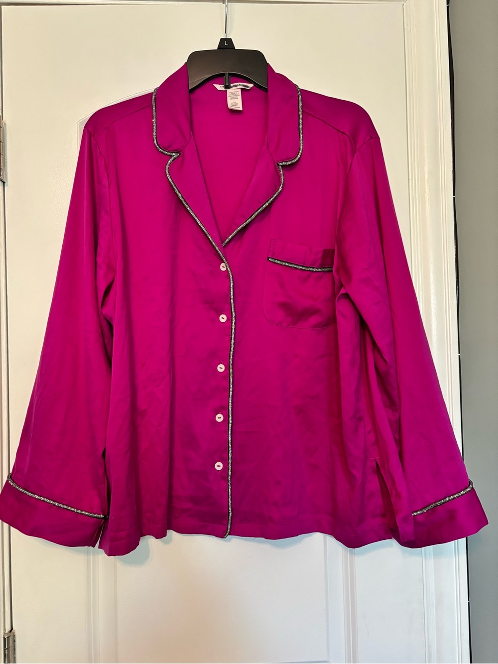 Victoria's Secret Bright Fuchsia Satin Button-Down Pajama Top Large